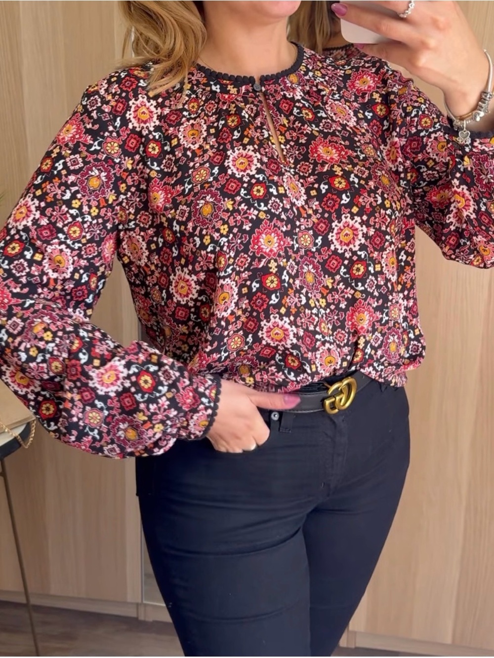 LOFT Black Blouse with Pink and Red Floral Print